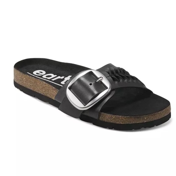Earth Albina Buckle Slide Sandals Leather Comfort Cork Black‎ Size 7M - Picture 1 of 10